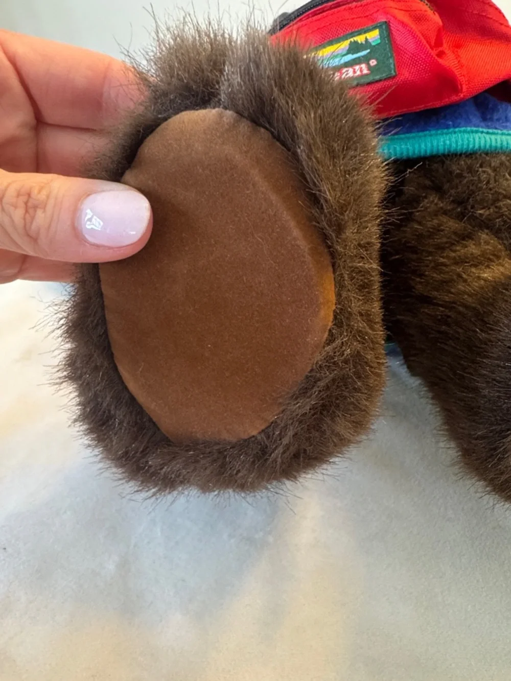 Vintage! L.L. Bean Teddy Plush Dark Brown Bear in Blue Fleece with Red Pack - Picture 9 of 9